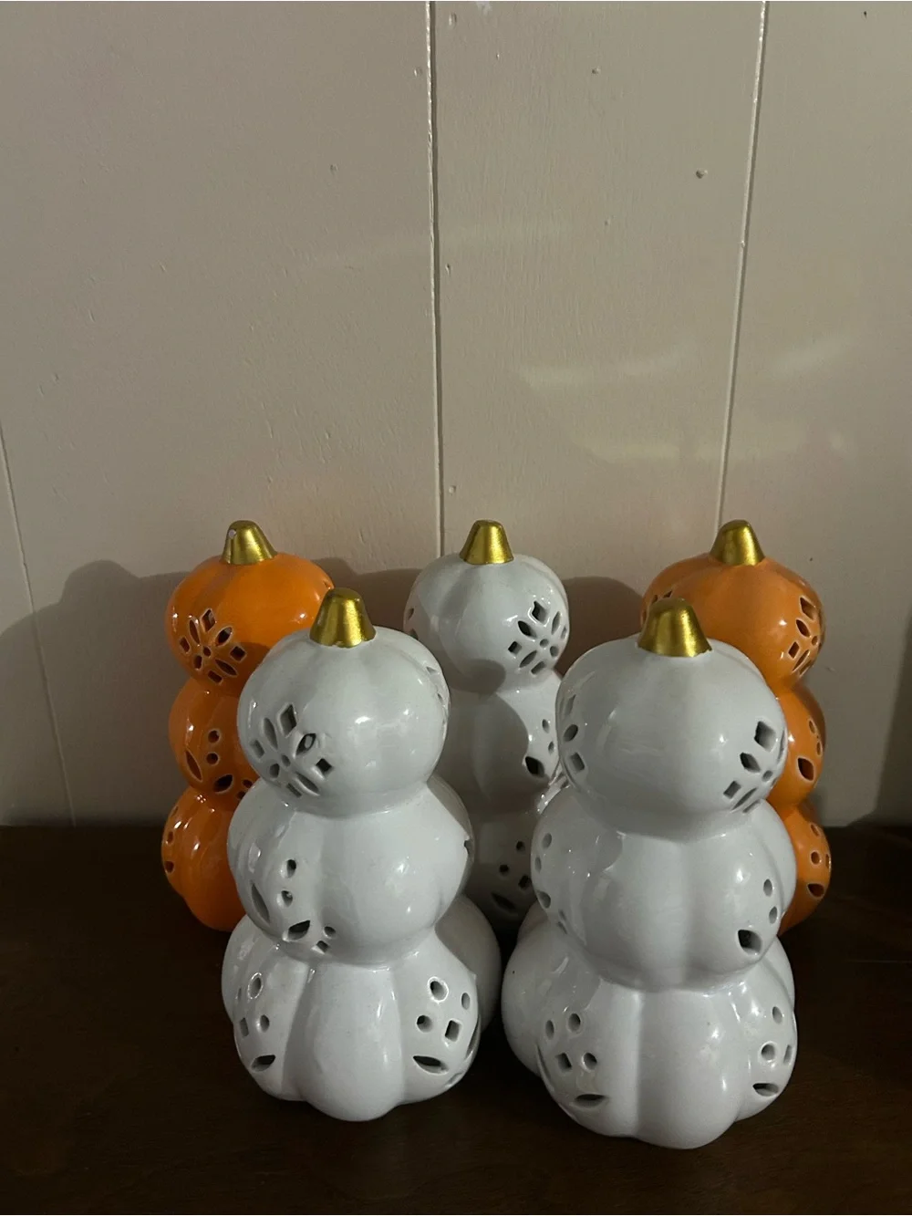 Ceramic Pumpkin Stack Lanterns - White and Orange with Gold Tops 5 pieces